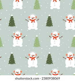 Patrón sin foco con un lindo muñeco de nieve, árbol de navidad y copos de nieve. Diseño plano vectorial para envoltura, tela, papel pintado.