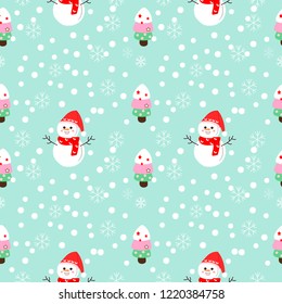 Seamless Pattern, Cute Snowman illustration on snowflakes background,Christmas tree