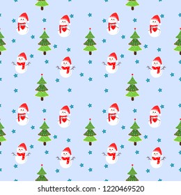 Seamless Pattern, Cute Snowman illustration on blue background, Christmas tree,blue stars