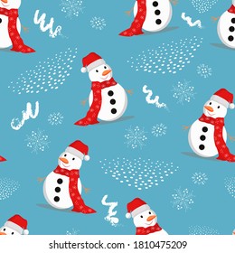 Seamless pattern with cute Snowman on blue background, suitable for wrapping, Wallpaper, decorative paper, vector illustration