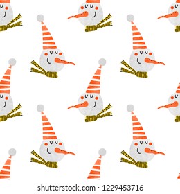 Seamless pattern with a cute snowman in a red hat and a green scarf on a white background. Vector Christmas background for children.