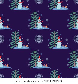 Seamless pattern with the cute snowman in red scarf, fir-tree and Christmas gifts on sleigh. Vector design for winter holidays.