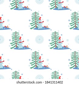 Seamless pattern with the cute snowman in red scarf, fir-tree and Christmas gifts on sleigh. Vector design for winter holidays.