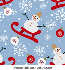 Seamless pattern. A cute snowman rides in a sleigh. cute christmas pattern for packaging and backgrounds