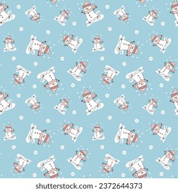 Seamless pattern with a cute snowman skating under the snow