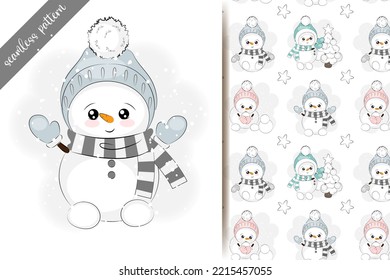 Seamless pattern with a cute snowman, vector illustration