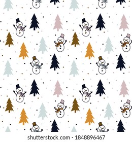 
Seamless pattern with cute snowmen and Christmas trees. Stylish children's print. Festive vector hand drawn illustration.