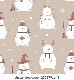 Seamless pattern with cute snowmen with garland, broom, deer antlers, cup of coffee. Vector illustration.