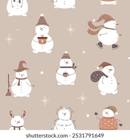 Seamless pattern with cute snowmen with gifts, broom, sweater, scarf, cup, skates. Vector illustration.