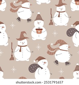 Seamless pattern with cute snowmen with gifts, broom, on skates. Vector illustration.