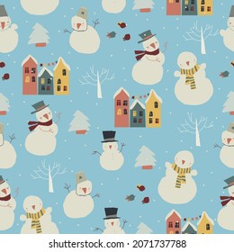 Seamless Pattern of Cute Snowmen meeting Winter