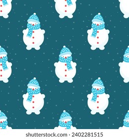Seamless pattern, cute snowmen on a background with snowflakes. Print, textile, vector