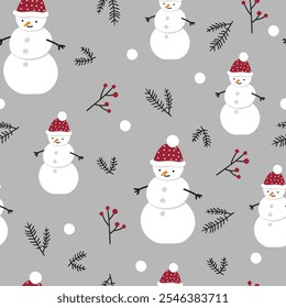 Seamless pattern with cute snowmen with red hats and fir branches on grey background, suitable for holiday decor and crafts.