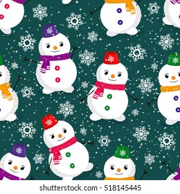Seamless pattern with cute snowmen and snowflakes.