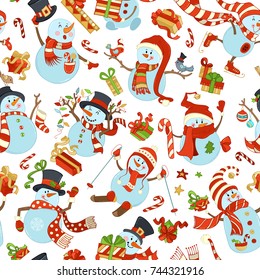 Seamless pattern of cute snowmen. Vector cartoon snowmen on white background. Snowman is skating. Snowman is skiing. Snowman is singing. Candy canes, gifts, Christmas baubles, birds and snowflakes.