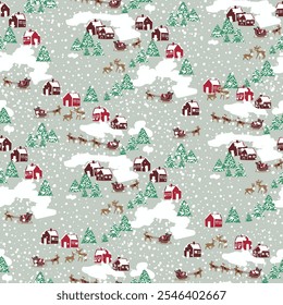 Seamless pattern of cute snowy winter houses and trees, deer Santa truck and gift box cartoon winter landscape, illustration on a grey background