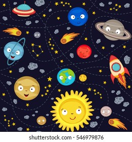 Seamless Pattern With Cute Solar System - Vector Illustration, Eps