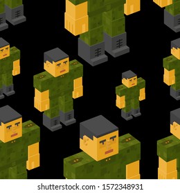 Seamless pattern with cute soldier created by joining cubes.