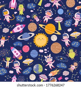 Seamless pattern cute space background for baby. Cute children design with planets and stars. Bright icons for textile, wrapping paper, greeting cards or posters for kindergarten