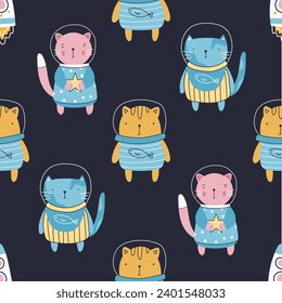 Seamless pattern Cute Space Cats. Childish Vector Illustration