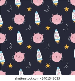 Seamless pattern Cute Space Cats. Childish Vector Illustration