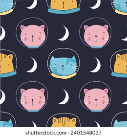 Seamless pattern Cute Space Cats. Childish Vector Illustration