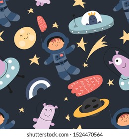 Seamless pattern with cute space characters - spaceman, alien, UFO in Scandinavian style. Vector Illustration. Kids poster for nursery design. Great for baby clothes, greeting card, wrapping paper.