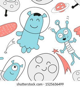 Seamless pattern with cute space characters - funny aliens and planets in Scandinavian style. Vector Illustration. Kids poster for nursery. Great for baby clothes, greeting card, wrapping paper.