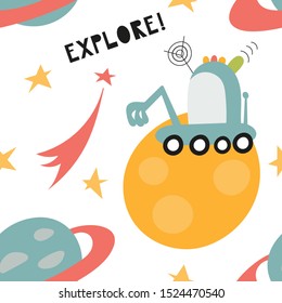 Seamless pattern with cute space elements - moon rover, planets, stars in Scandinavian style. Vector Illustration. Kids poster for nursery design. Great for baby clothes, greeting card, wrapping paper