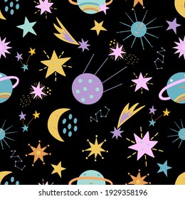 Seamless pattern with cute space elements on black background in vector graphic. For decorating the covers of notebooks, wrapping paper, wallpaper, for prints on childrens  clothes, mugs, pillows.