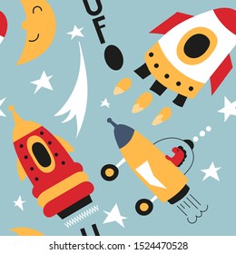 Seamless pattern with cute space objects - alien, rocket, ufo in Scandinavian style. Vector Illustration. Kids poster for nursery design. Great for baby clothes, greeting card, wrapping paper.