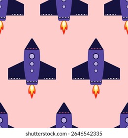 Seamless pattern with cute space objects in a flat style. Rockets on a light background. Vector illustration