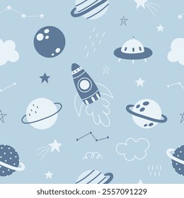 Seamless pattern with cute space, planets, stars, ufo, constellations, rockets, saturn on light blue background. Creative kids texture for fabric, prints, wallpaper, decorations, textiles.