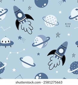 Seamless pattern with cute space, planets, stars, ufo, constellations, rockets, saturn on light blue background. Creative kids texture for fabric, prints, wallpaper, decorations, textiles.