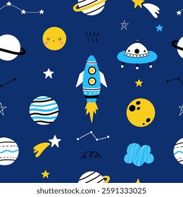 Seamless pattern with cute space, planets, stars, ufo, constellations, rockets, saturn on dark blue background. Creative kids texture for fabric, prints, wallpaper, decorations, textiles.