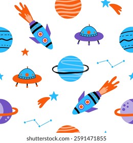 Seamless pattern with cute space, planets, stars, ufo, constellations, rockets, saturn on white background. Creative kids texture for fabric, prints, wallpaper, decorations, textiles.