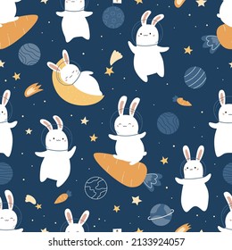 Seamless pattern with cute space rabbits, planets, stars, carrots and moon. Hand drawn kawaii bunny. Ideal for wrapping paper, fabrics and wallpaper. Cosmic vector illustration.