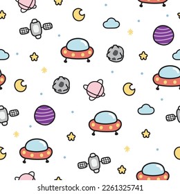 Seamless pattern of cute space white background.Cartoon kid style design.UFO,cloud,planet,moon,star,satellite hand drawn.Galaxy wallpaper.Kawaii.Vector.Illustration.