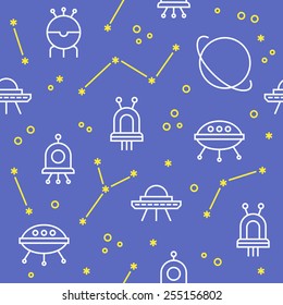Seamless pattern with cute spaceships, planet, constellations and stars. Line drawing. Perfect for wallpapers, textile, wrapping papers, greeting cards, web backgrounds. Vector illustration