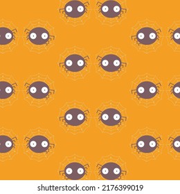 Seamless pattern of cute spiders cartoon character and spider webs. Hand drawn flat vector illustration isolated on orange background. Halloween theme for textile print, wallpaper, wrapping paper.