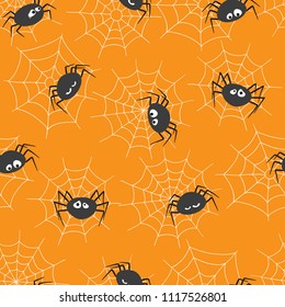 Seamless Pattern With Cute Spiders And Spider Webs. Halloween Theme, Vector Illustration.