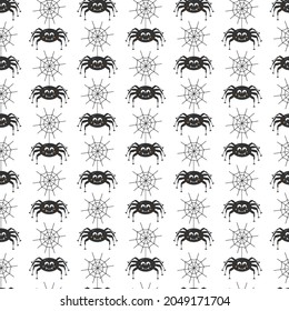 Seamless pattern with cute spiders and spider webs. Halloween background, textiles, banners, wallpapers, wrapping paper, decor.