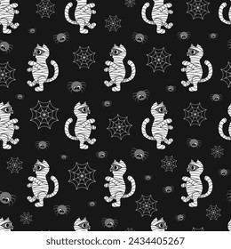 Seamless pattern with cute spiders, web and lovely cats dressed in a mummy costume on a Halloween night. Cartoon kitten character art. Flat vector illustration.