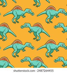 Seamless pattern cute spinosaurus in Asian kawaii style. Dinosaur, prehistoric predatory lizard, mascot. Cartoon character Funny vector illustration for wallpaper, fabric, wrapping, background