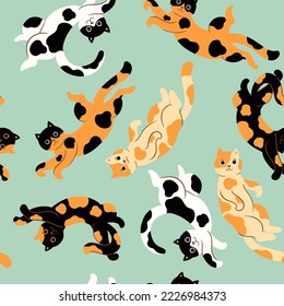 Seamless pattern with cute spotted cats. Vector graphics.
