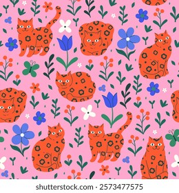 Seamless pattern with cute spotted cats and flowers. Vector graphics.