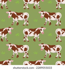 Seamless pattern, cute spotted cows in the meadow. Background, textile, vector