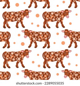 Seamless pattern, cute spotted cows in the meadow. Background, textile, vector