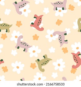 Seamless pattern with cute spotted dinosaurs on floral background. Cute animalistic print for fabric, T-shirt, stationery. Hand drawn vector illustration for decor and design.

