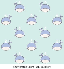 Seamless pattern of cute spouting whale cartoon character. Hand drawn flat vector illustration isolated on green background. For textile print, wallpaper, wrapping paper, greeting card, gift 